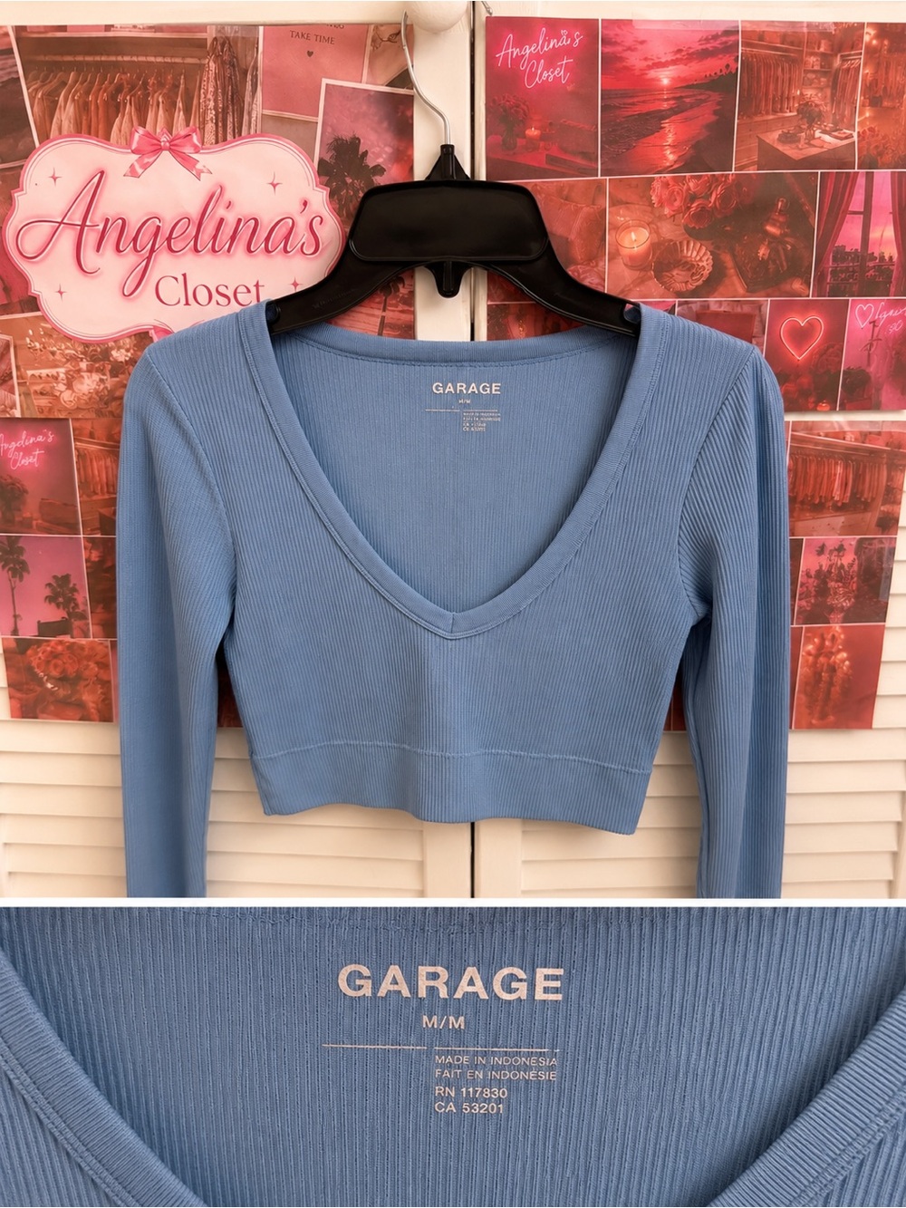 Garage Light Blue Ribbed V-Neck Long Sleeve Crop Top